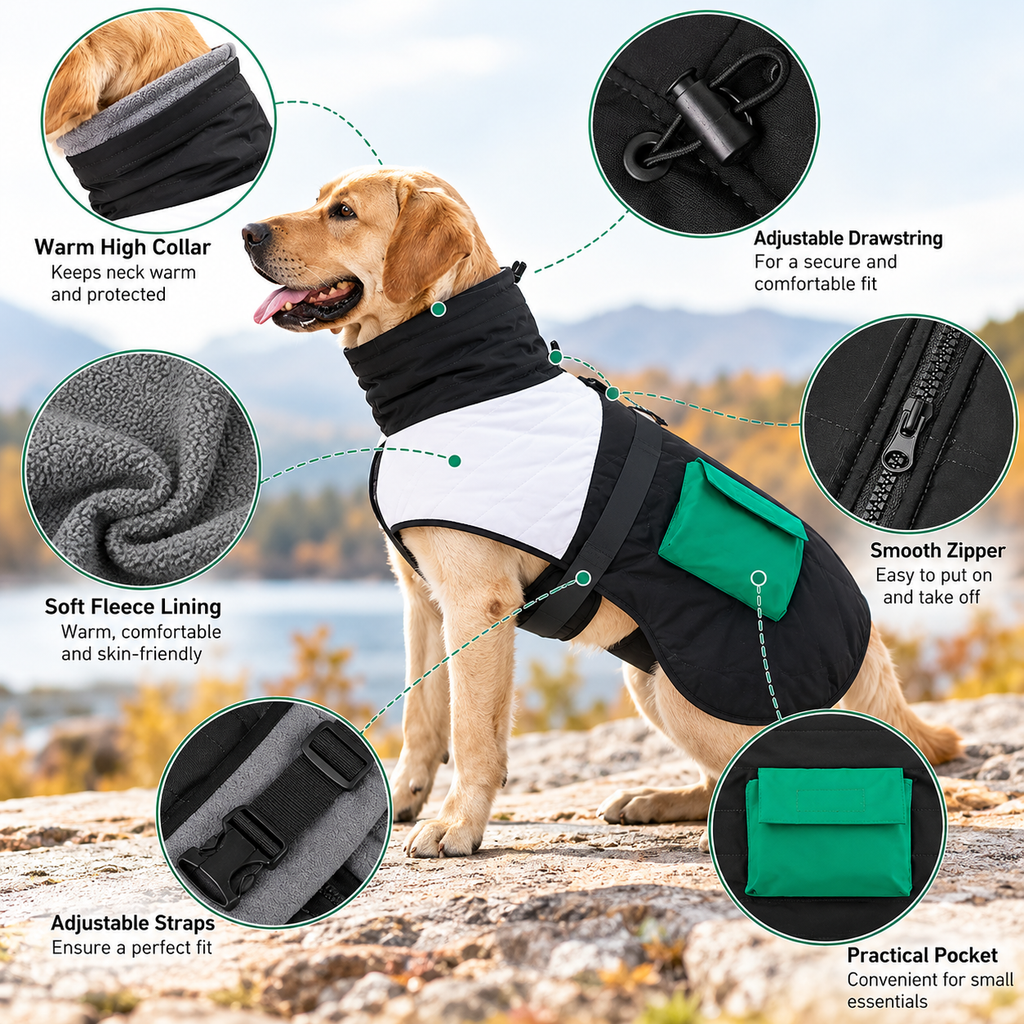 Quilted Winter Dog Jacket with Protective Neck Cover