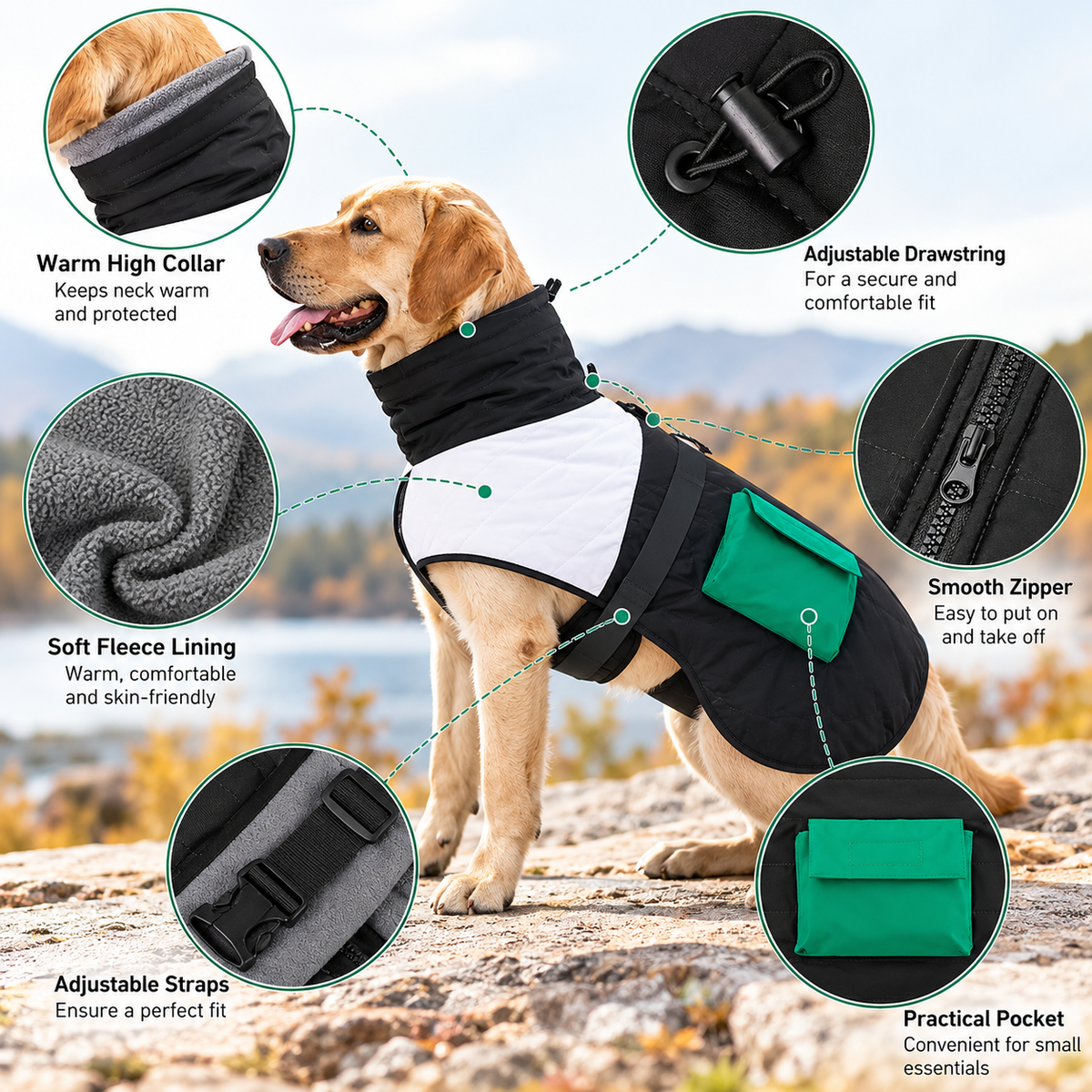 Quilted Winter Dog Jacket with Protective Neck Cover
