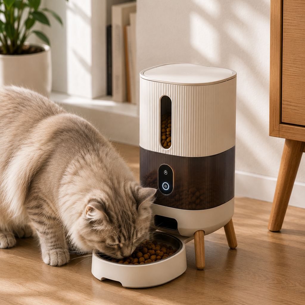A fluffy cream-colored cat is eating from a white and dark brown automatic pet feeder on a wooden floor in a bright room.