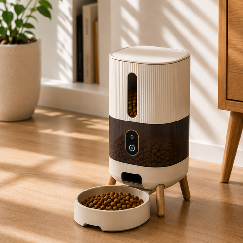 A modern cylindrical pet feeder with a matching bowl of kibble on a wooden floor in a sunlit room. The feeder has a cream and dark brown ribbed body with small wooden legs, and the bowl is placed in front.
