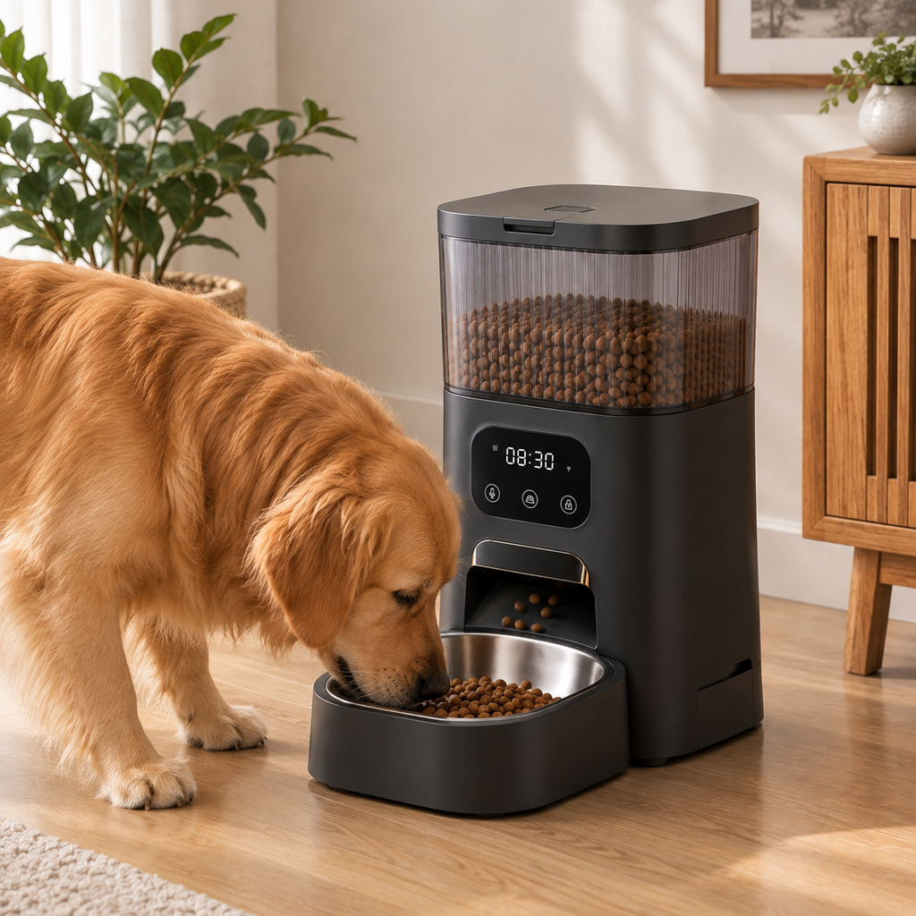 A golden retriever dog is eating from a automatic pet feeder in a warm, modern room. The feeder is matte black with a clear upper container showing kibble and a stainless steel bowl on the floor.