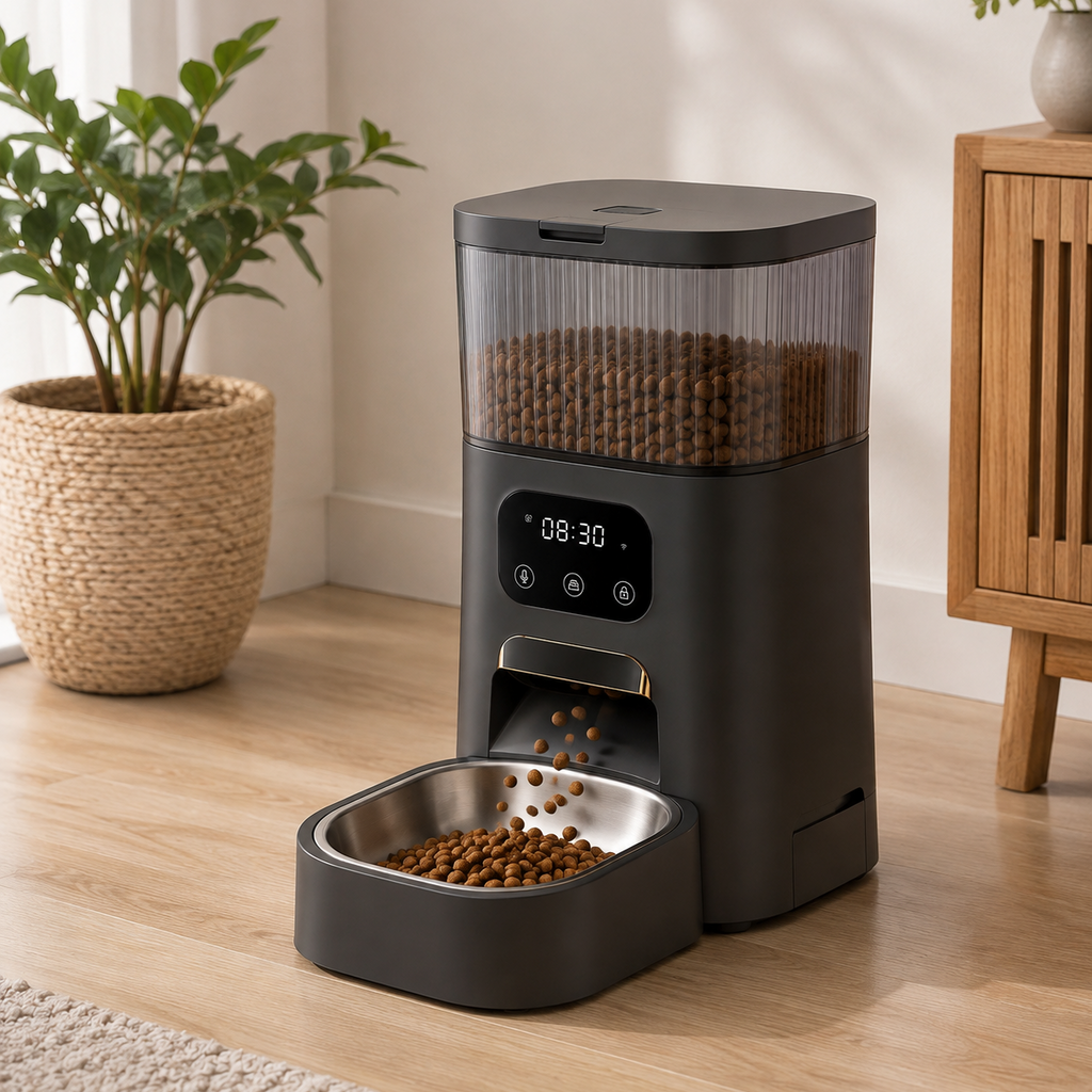 A golden retriever dog is eating from a black automatic pet feeder with a clear food hopper and digital display screen, set on a wooden floor in a bright room.
