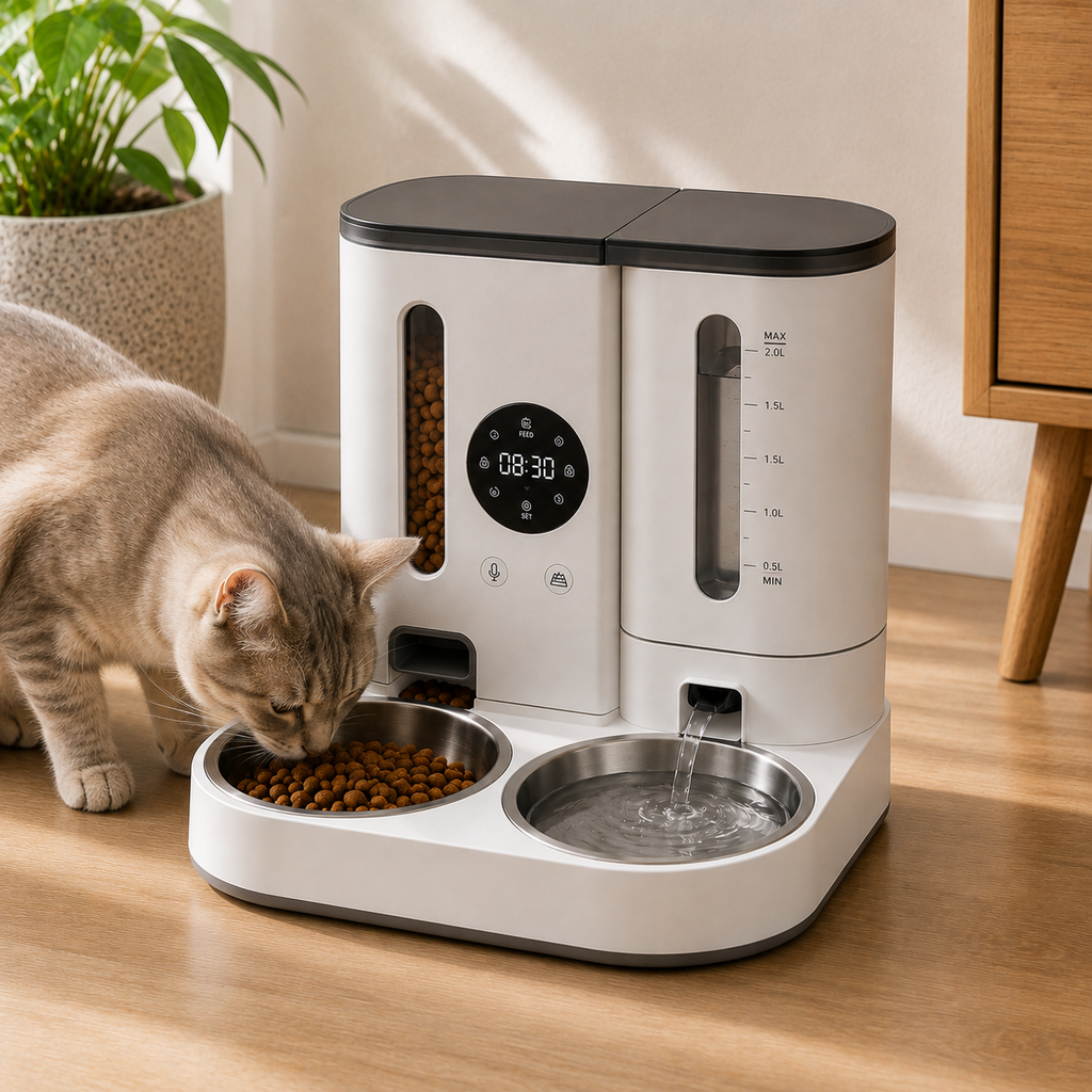 A cat uses a white and black automatic pet feeder and water dispenser on a wooden floor, with a bowl of dry food and water flowing into a second bowl. A potted plant and wooden furniture are visible in the background.