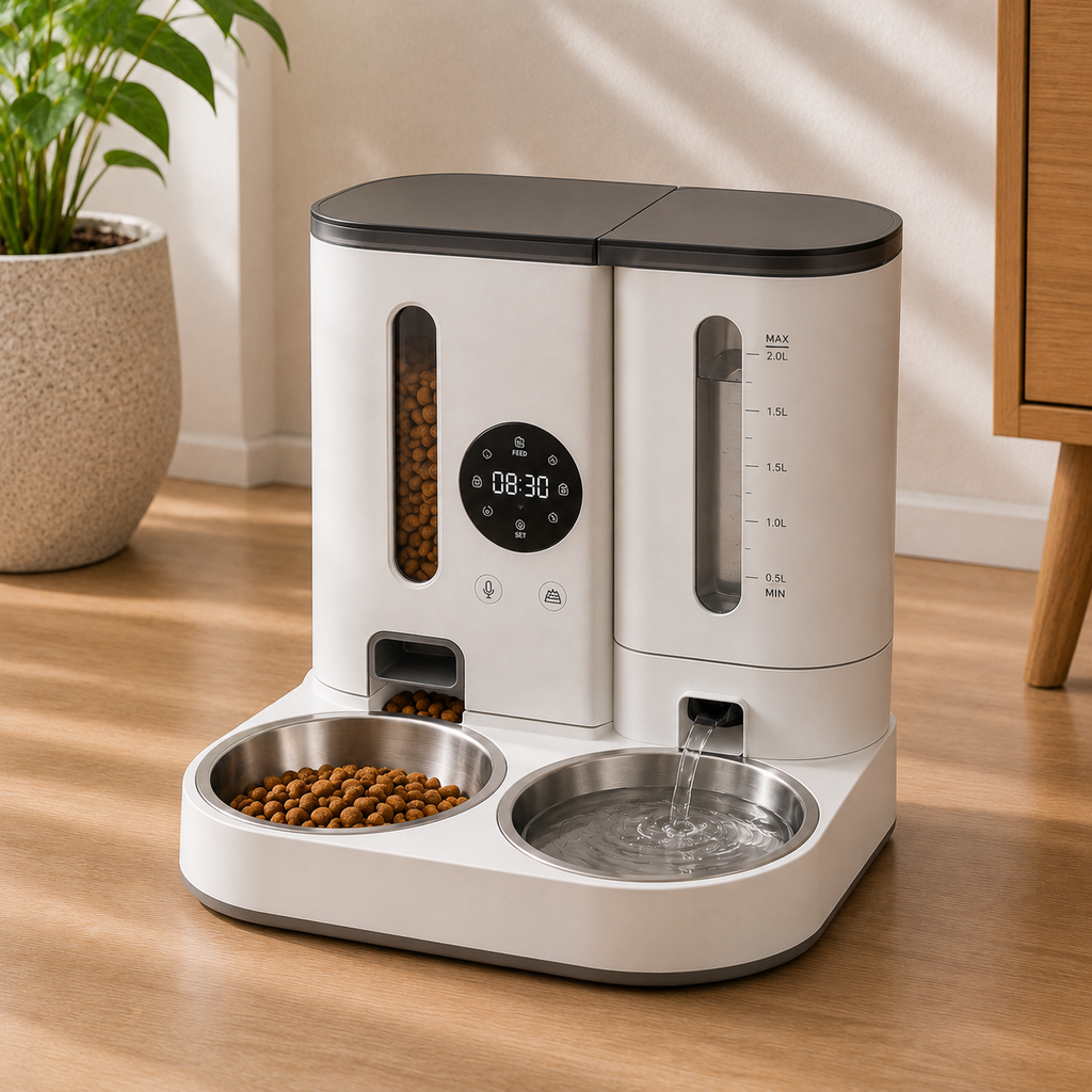 A modern automatic pet feeder and water dispenser placed on a wooden floor in a bright room. 