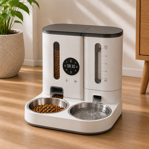A modern automatic pet feeder and water dispenser placed on a wooden floor in a bright room. 
