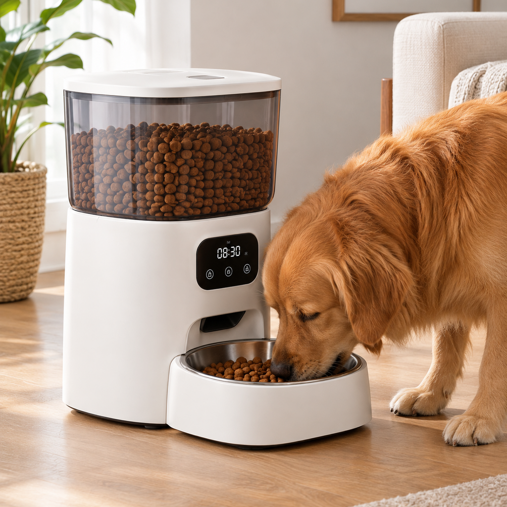 A golden retriever dog is eating from a white automatic pet feeder with a clear food hopper filled with kibble, placed on a light wood floor in a bright living room.