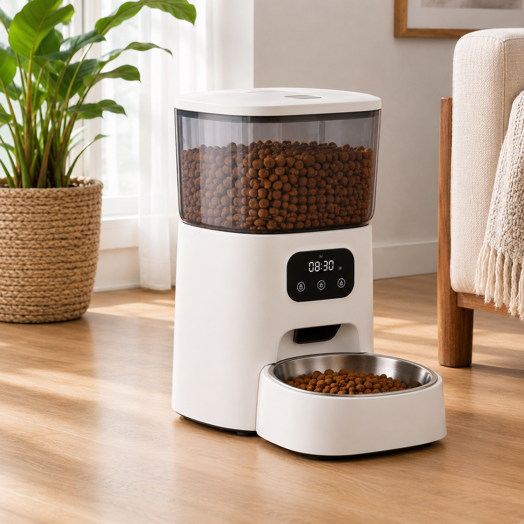 A golden retriever dog is eating from a white automatic pet feeder with a clear food hopper filled with kibble, placed on a light wood floor in a bright living room.