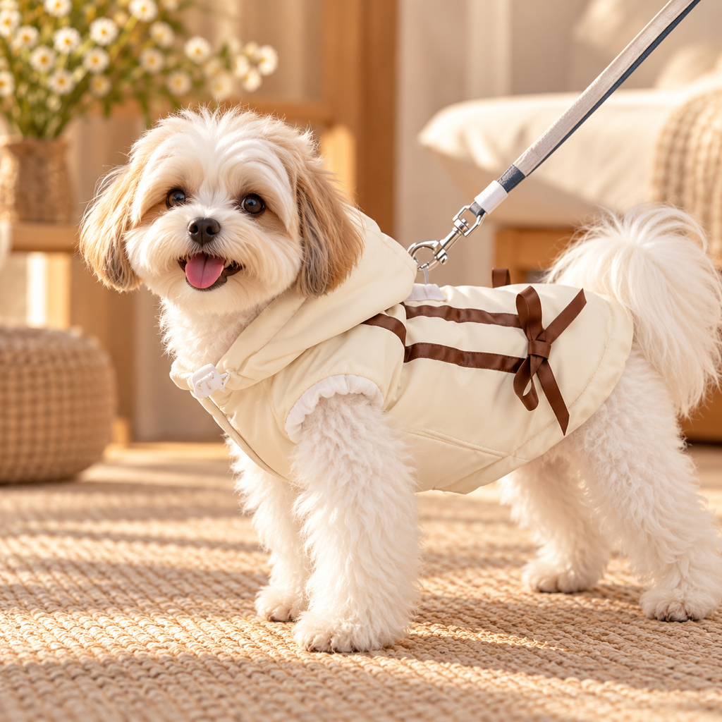 Elegant Hooded Dog Coat with Bow & Leash Attachment