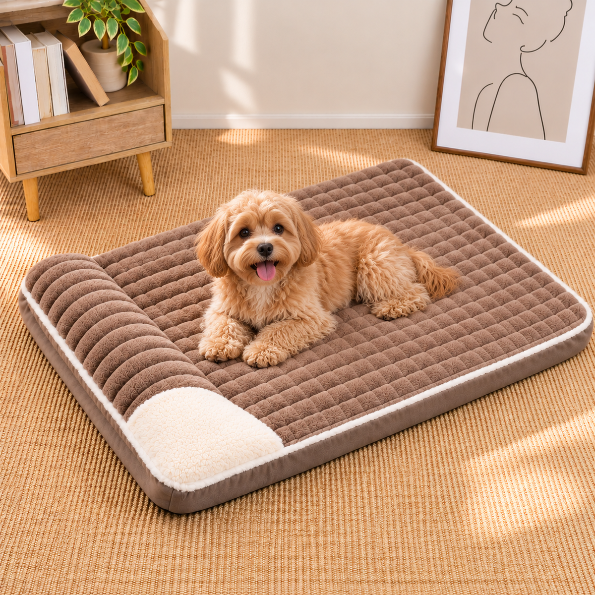 Soft Quilted Dog Bed Mat with Raised Pillow