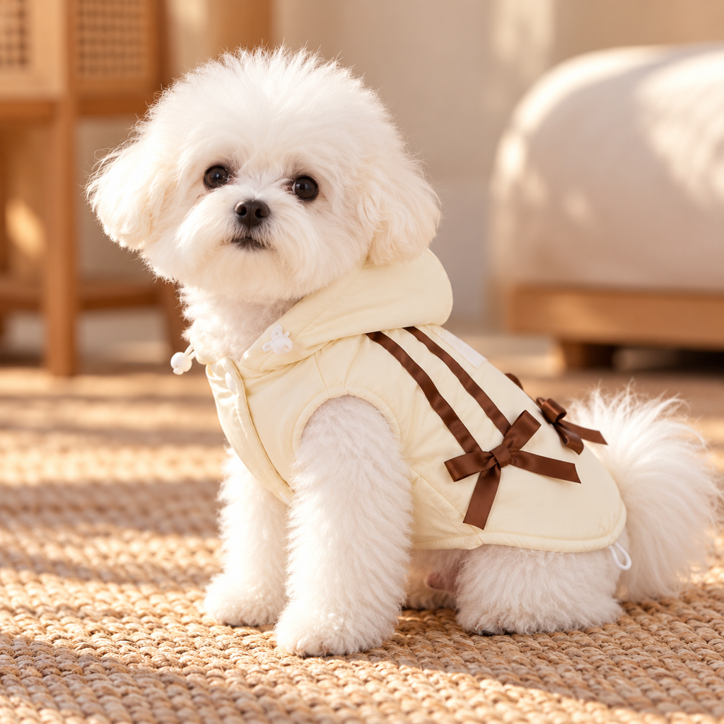 Elegant Hooded Dog Coat with Bow & Leash Attachment