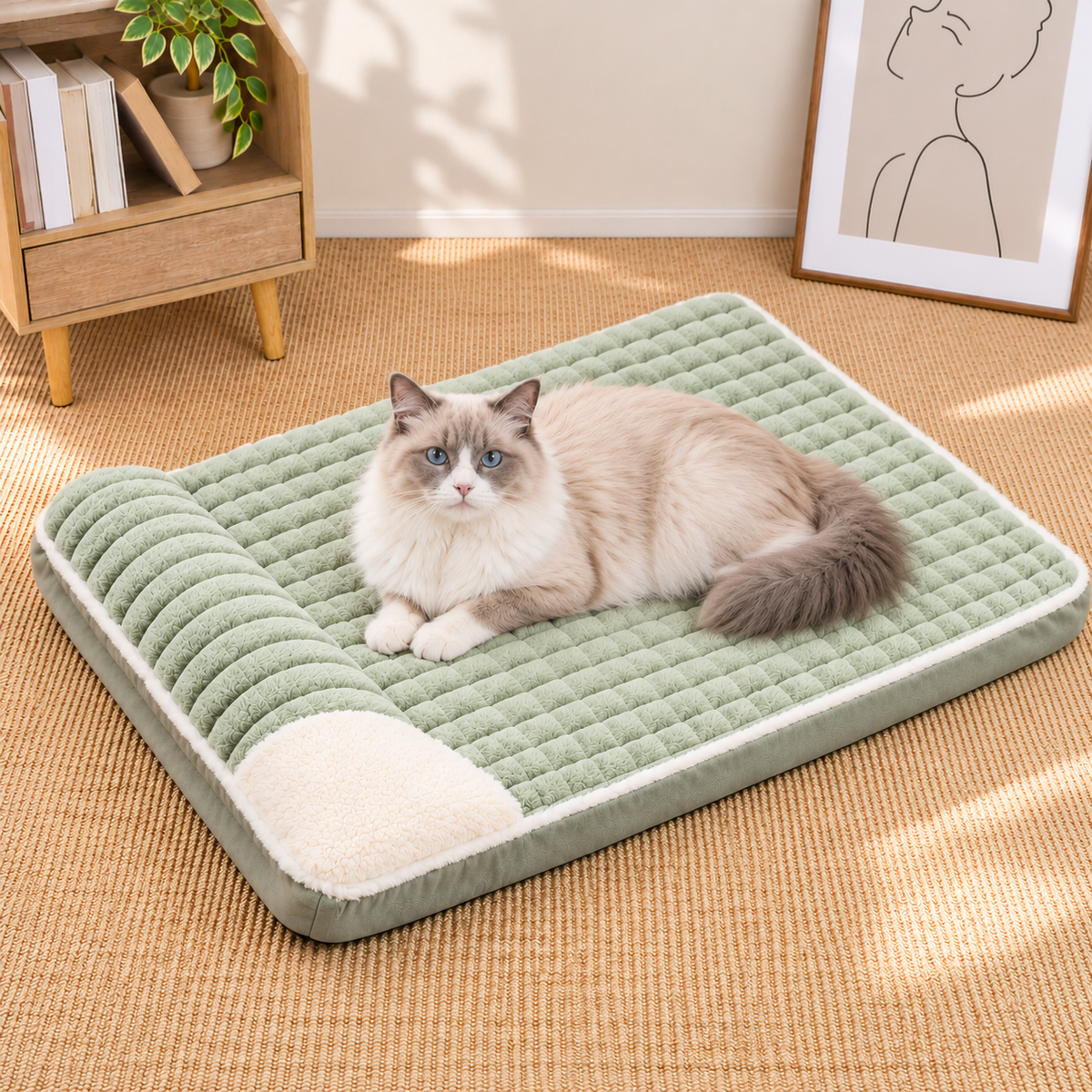 Soft Quilted Dog Bed Mat with Raised Pillow