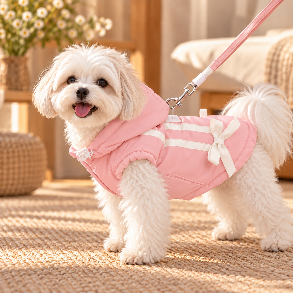Elegant Hooded Dog Coat with Bow & Leash Attachment