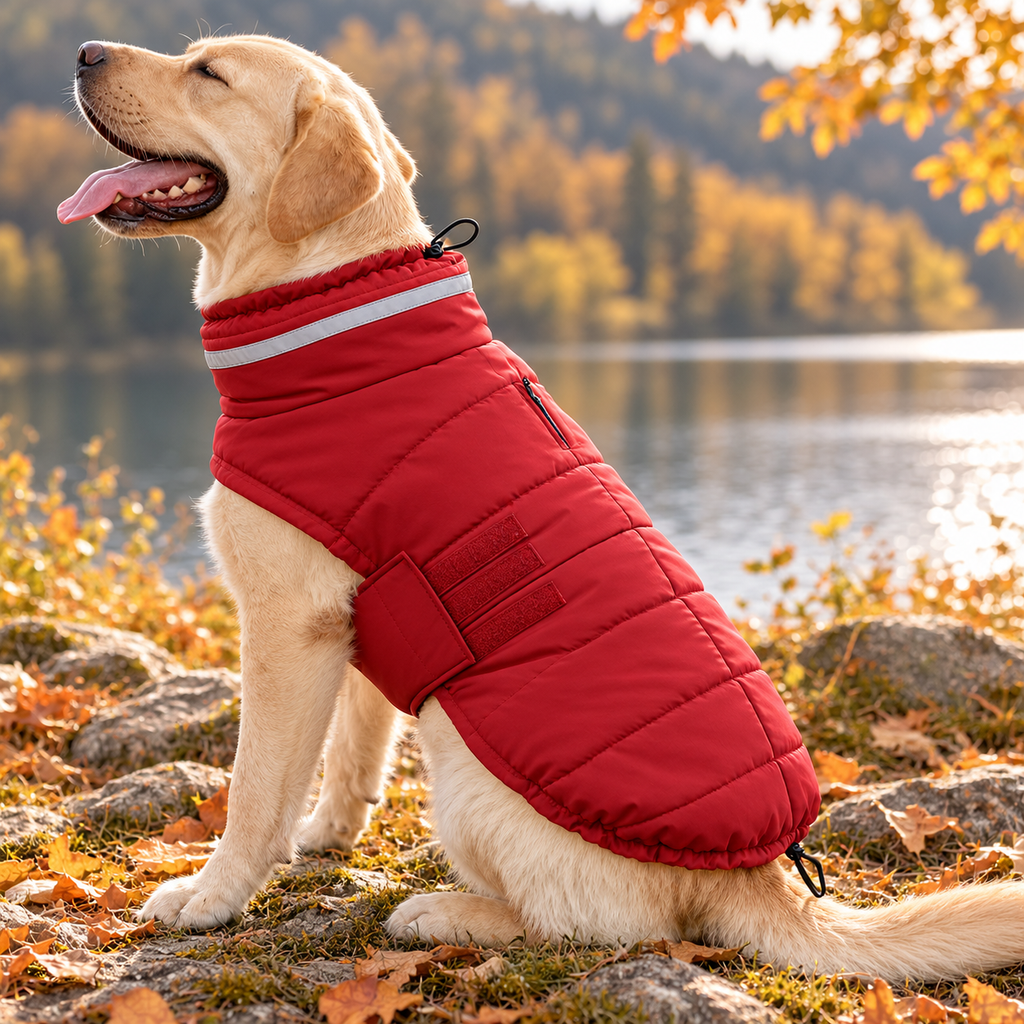 A golden retriever dog wearing a red quilted outdoor dog jacket, sitting on a rocky shore with autumn leaves, water, and trees in the background.