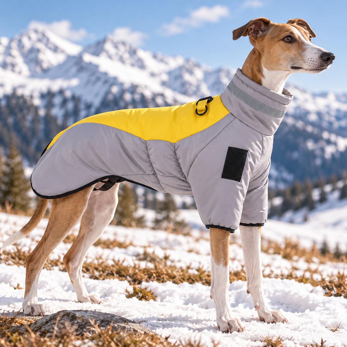 A slender dog standing outdoors in snowy mountains, wearing a gray and bright yellow dog coat with reflective trim and a high collar.