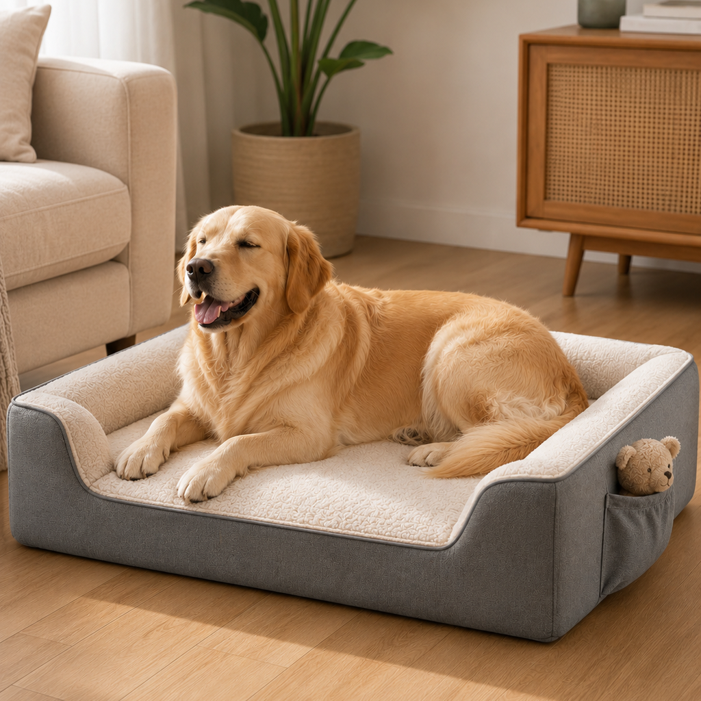 A golden retriever dog lies comfortably inside a rectangular pet bed with a gray fabric exterior and cream sherpa lining, placed on a light wood floor in a cozy living room setting.