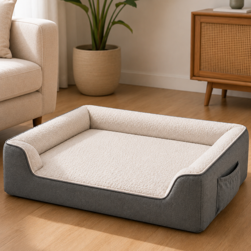 A rectangular pet bed with a gray fabric exterior and a cream sherpa interior, placed on a light wood floor in a styled living room setting.