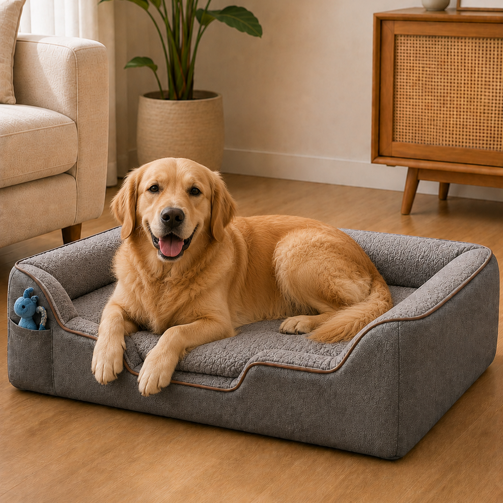 A golden retriever dog lies comfortably inside a plush gray raised pet bed with a side pocket holding a small blue toy, set in a warm, modern living room with wood floors and neutral walls.