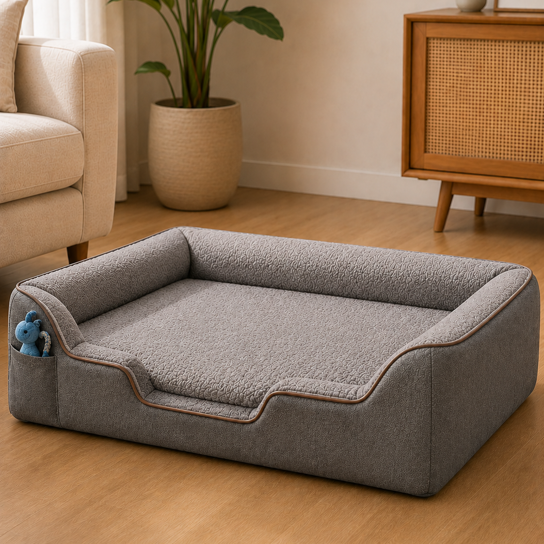 A gray plush pet bed with a raised cushioned border and side pocket holding a small blue toy, placed on a light wood floor in a styled living room with a sofa, potted plant, and cabinet in the background.