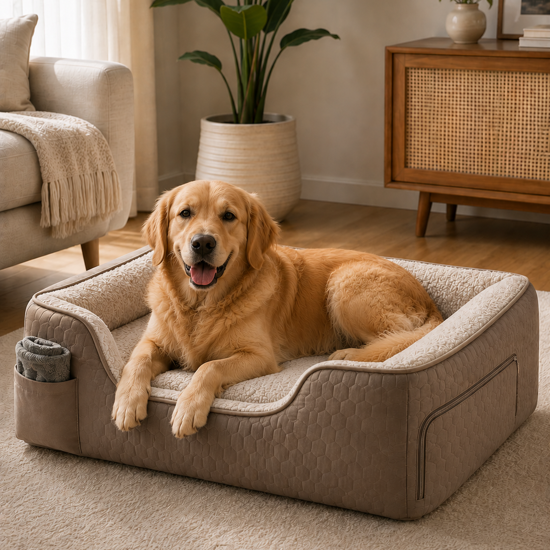 A golden retriever dog lies comfortably inside a raised, quilted dog bed with a cream sherpa lining, set in a cozy, modern living room with a wooden cabinet and potted plants.