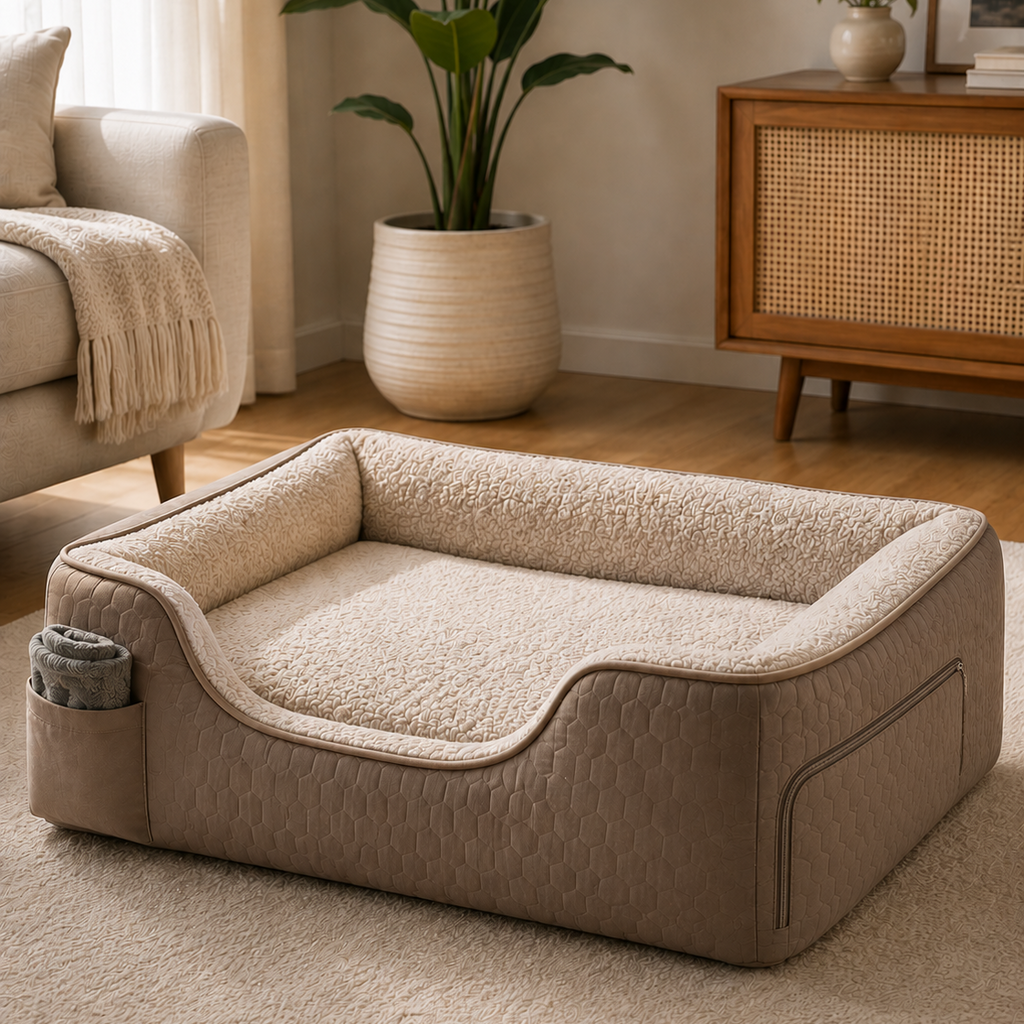 A beige and cream pet bed with a raised padded border and a side pocket holding a rolled blanket, shown in a styled living room setting.