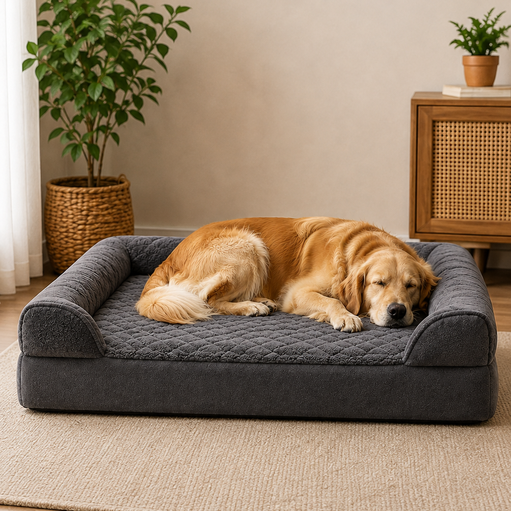 A golden retriever dog rests on a dark gray quilted pet bed placed on a light beige rug in a warm, modern room with wood floors, a potted plant, and a wooden cabinet.