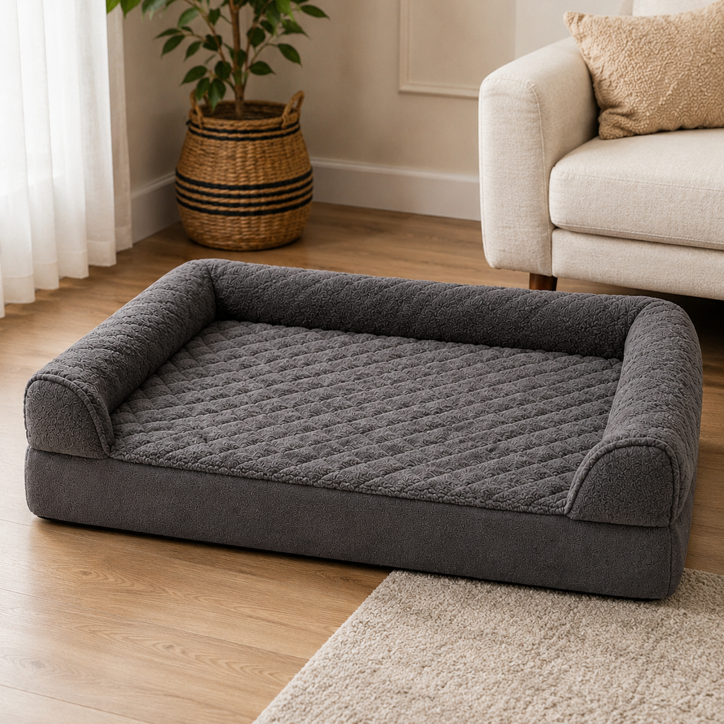 A dark gray quilted pet bed with raised armrests, placed on a light wood floor in a living room setting next to a sofa and a potted plant.