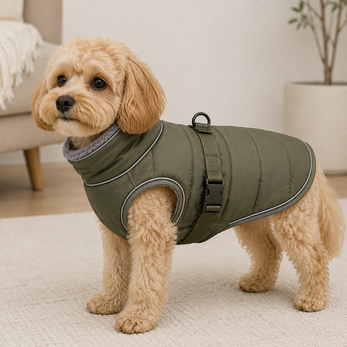 A small fluffy tan dog wearing an olive green quilted pet jacket with gray trim, standing on a light cream rug in a softly lit indoor room.
