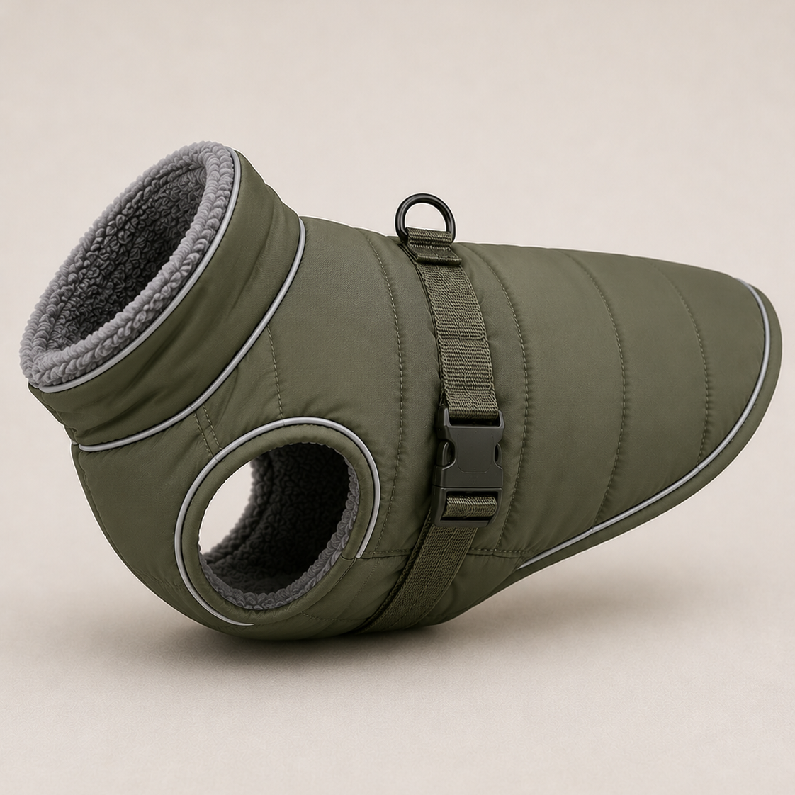 An olive green dog winter bootie with a gray fleece lining, featuring a strap closure and a circular opening on the side, shown on a neutral beige background.