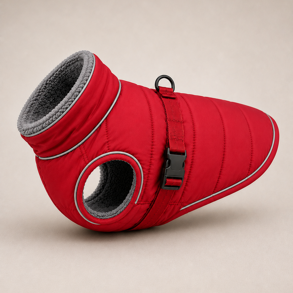 A red quilted pet coat with a gray fleece lining, featuring a strap closure and a circular opening, shown on a neutral beige background.