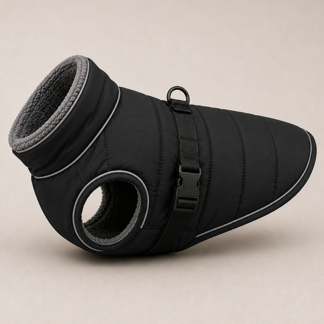 A black dog winter coat with a gray fleece lining, featuring a strap closure and a circular opening, shown on a neutral beige background.