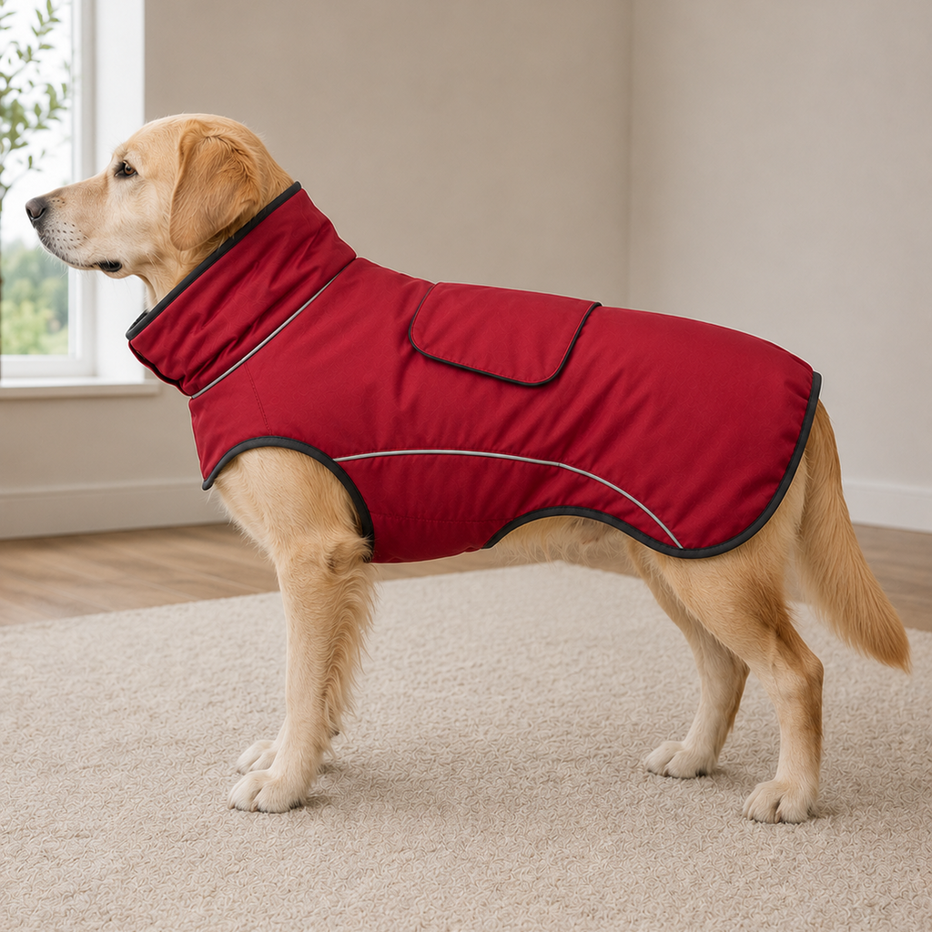 A golden retriever dog wearing a red high-collar dog coat with black trim, standing on a beige carpeted floor in a brightly lit room.