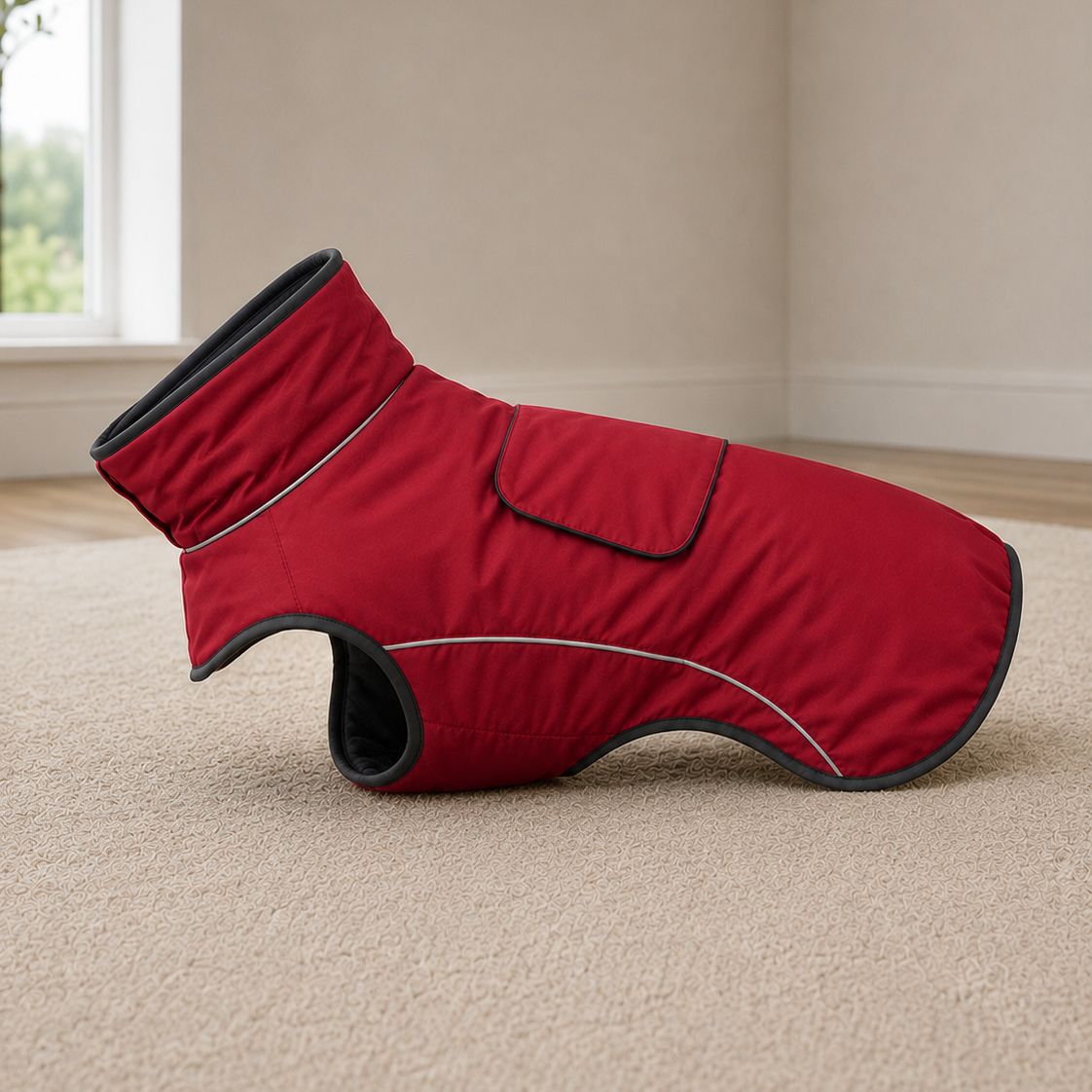 A red dog winter coat with black trim and white piping, displayed on a beige carpeted floor in a room with beige walls and a window.