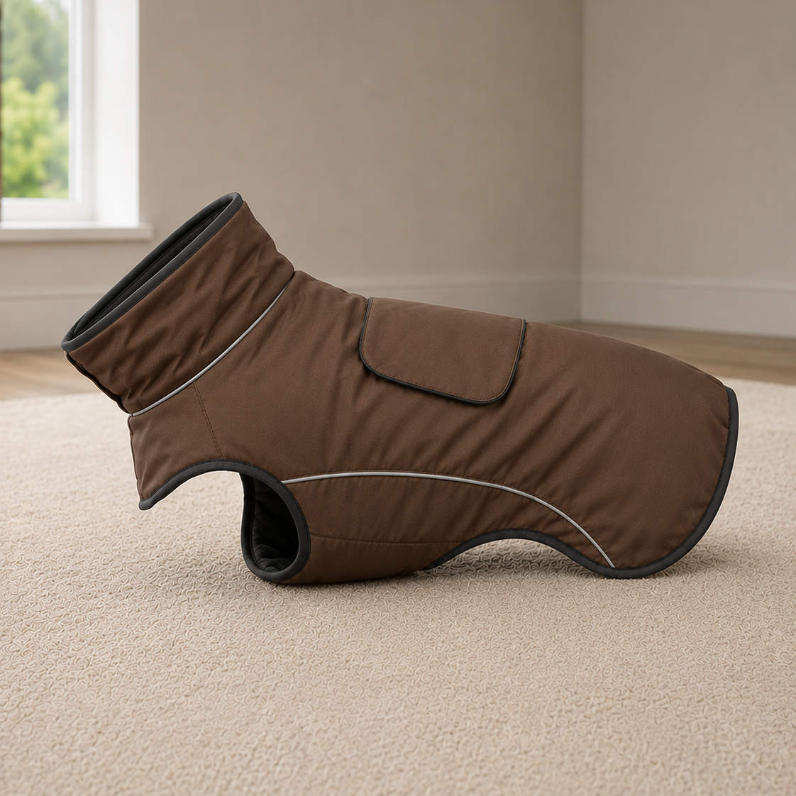 A brown dog coat with black trim and white piping, shown on a carpeted floor in a neutral indoor room setting.