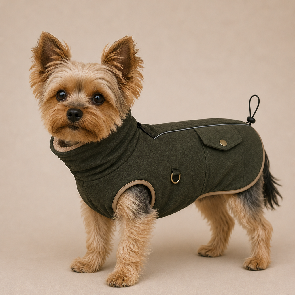 A small tan Yorkshire Terrier stands on a plain beige studio background wearing an olive green dog coat with beige trim and a black tail loop.