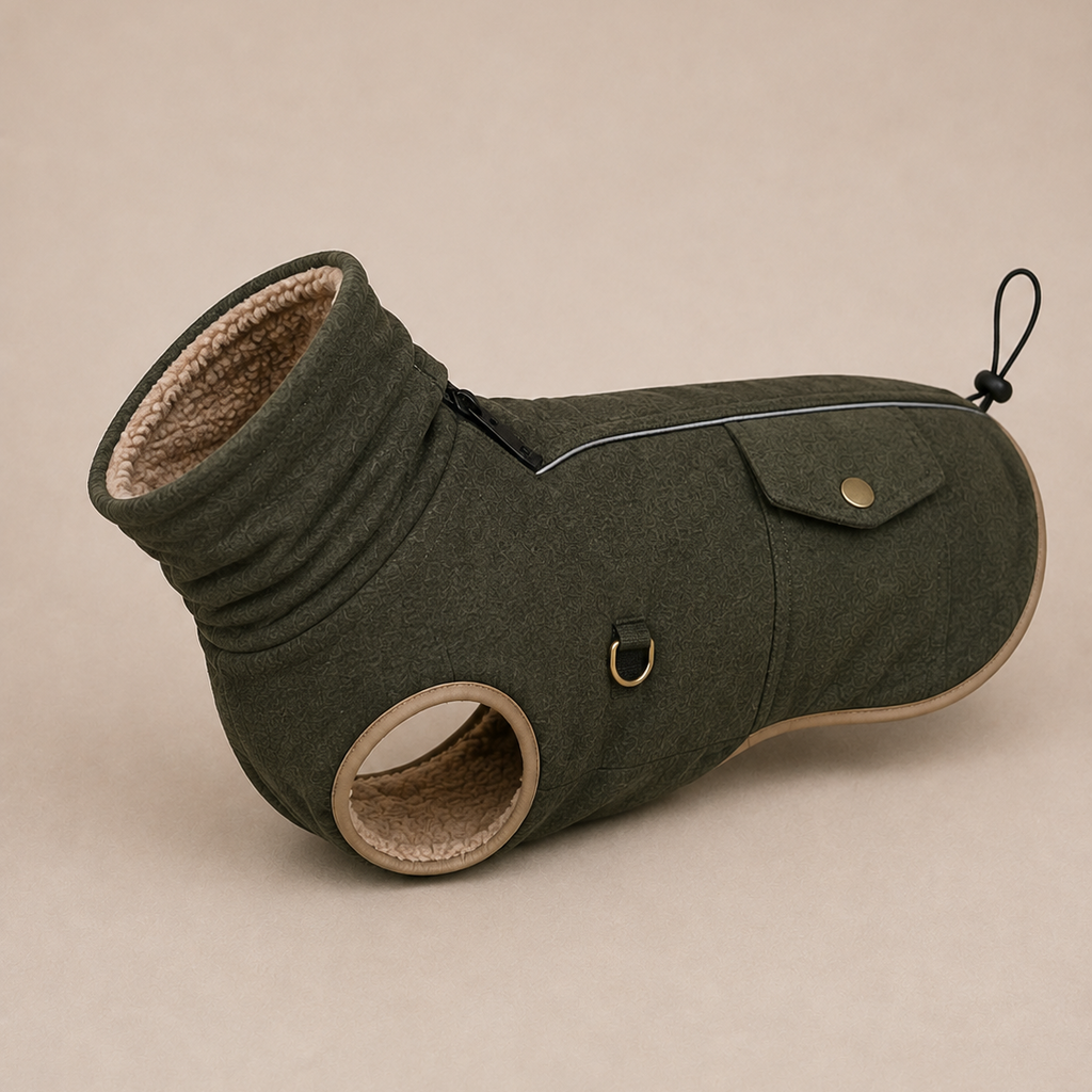 An olive green pet bootie with a soft beige fleece lining, featuring a sleeveless leg opening, a circular front opening, a flap pocket with a brass snap, and a small black hanging loop.