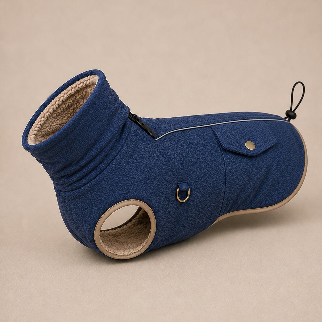 A blue pet fleece bootie with a beige sherpa lining, featuring a zippered front flap, a circular entry hole, and a small black hanging loop, shown on a neutral beige background.