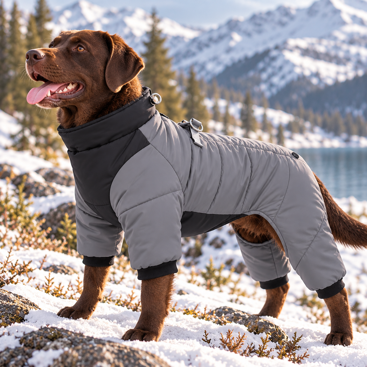 A brown dog standing outdoors in a snowy mountain landscape, wearing a fitted gray and black dog winter jacket. The background shows snow-covered ground, evergreen trees, and mountains.