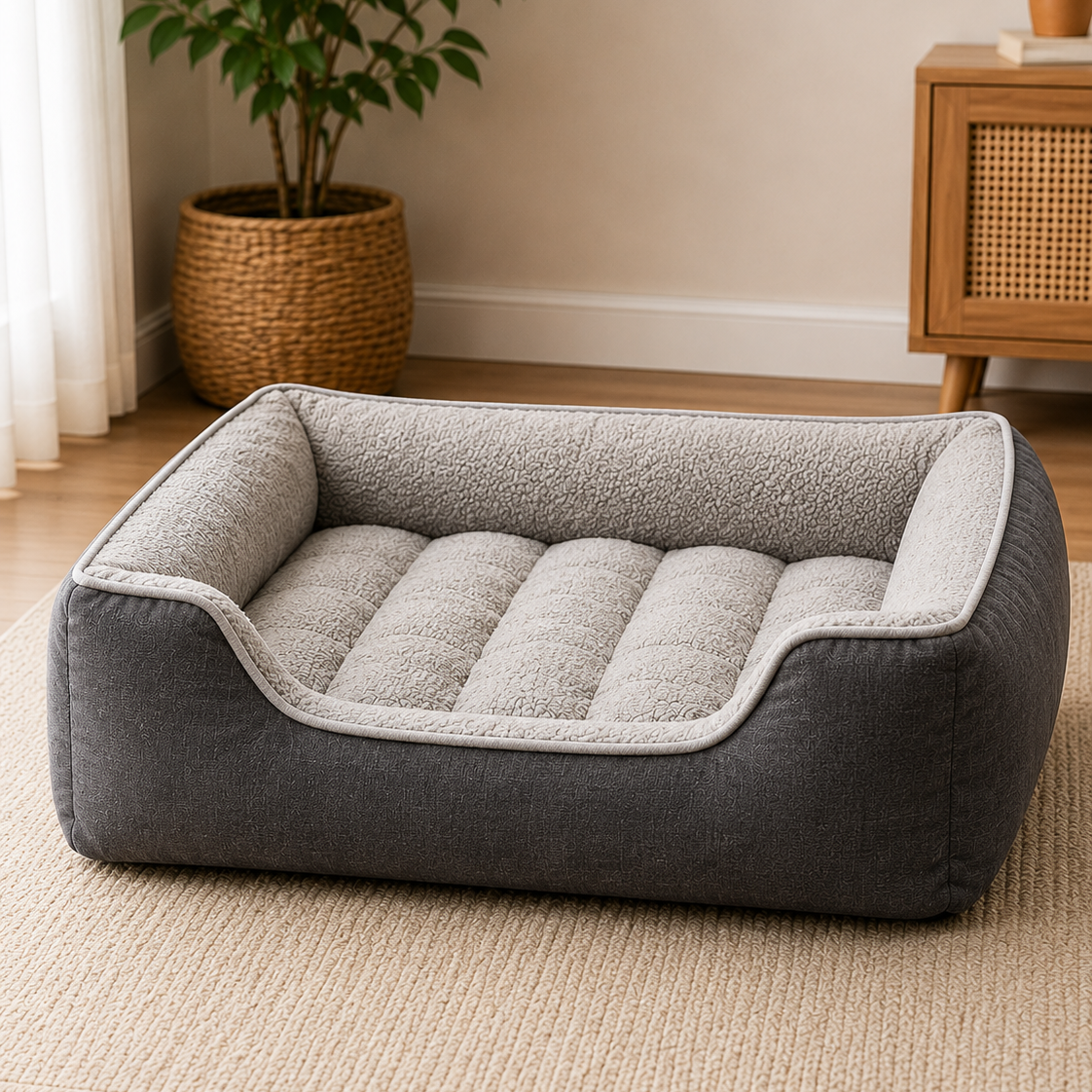 A rectangular pet bed with a dark gray fabric exterior and a light gray sherpa-lined interior, placed on a woven rug in a styled room with a plant and wooden furniture in the background.