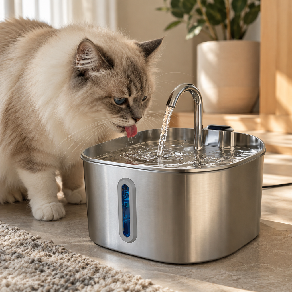 A fluffy cream and gray cat drinks water from a stainless steel pet fountain with a curved spout in a bright indoor setting.
