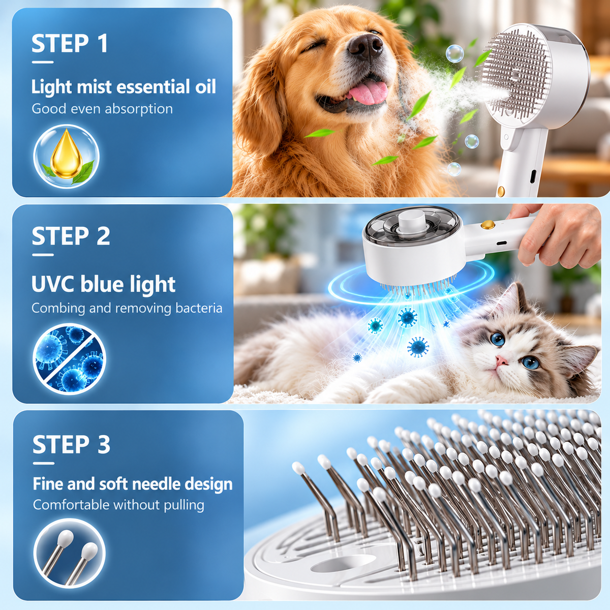 3-in-1 Steam Pet Grooming Brush with Mist Spray