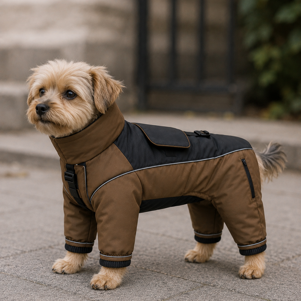 A small tan dog standing outdoors on a paved surface, wearing a brown and black dog coat with a high collar and reflective trim.
