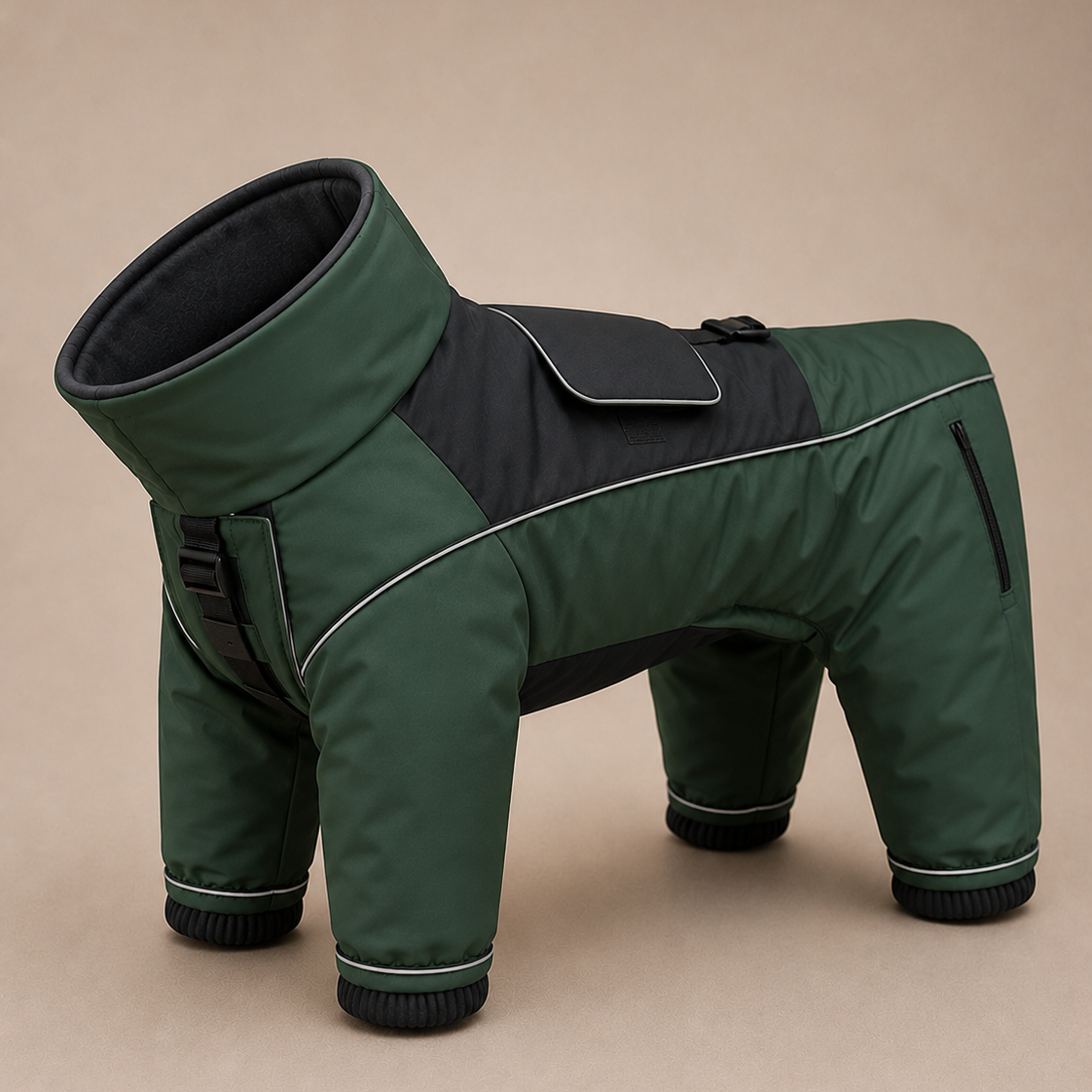 A dog winter coat designed to look like a dog, made of dark green and black waterproof fabric with white piping details, shown on a plain beige background.