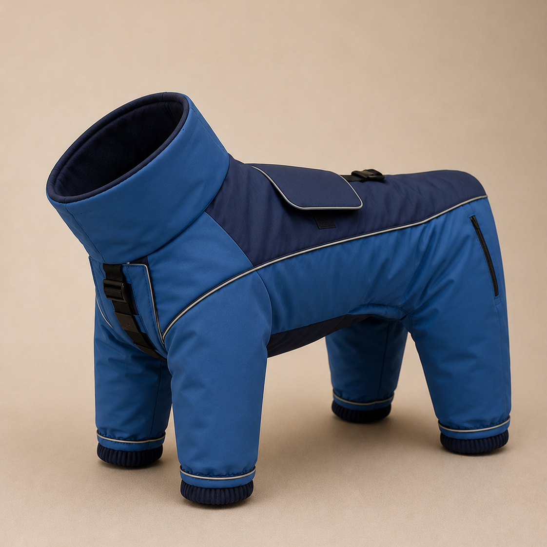 A blue dog winter coat with a high collar, shown on a dog-shaped mannequin against a solid beige background.