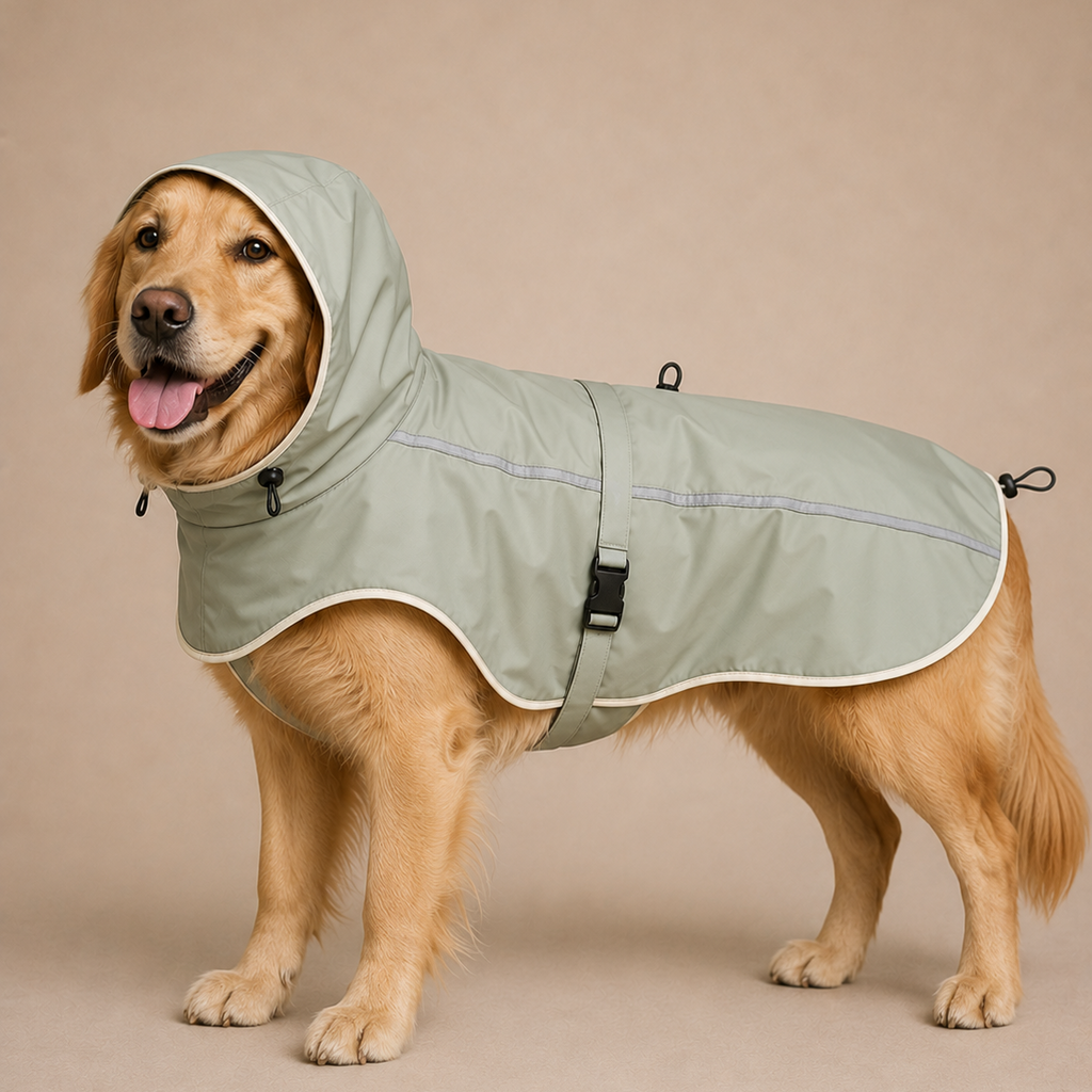 A golden retriever dog wearing a sage green dog raincoat with a hood, standing against a solid beige studio background.