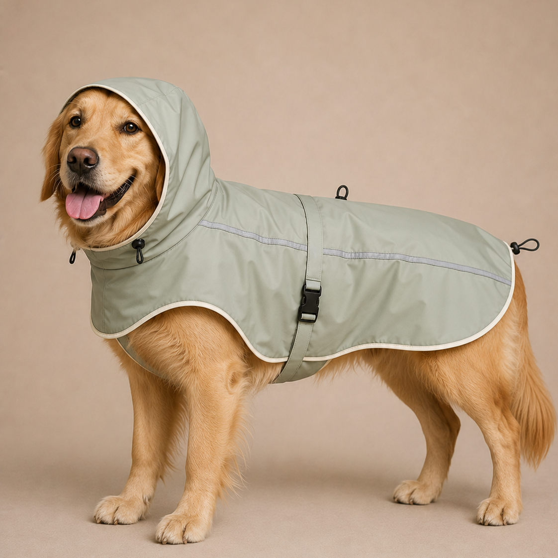 A golden retriever dog wearing a sage green dog raincoat with a hood, standing against a solid beige studio background.
