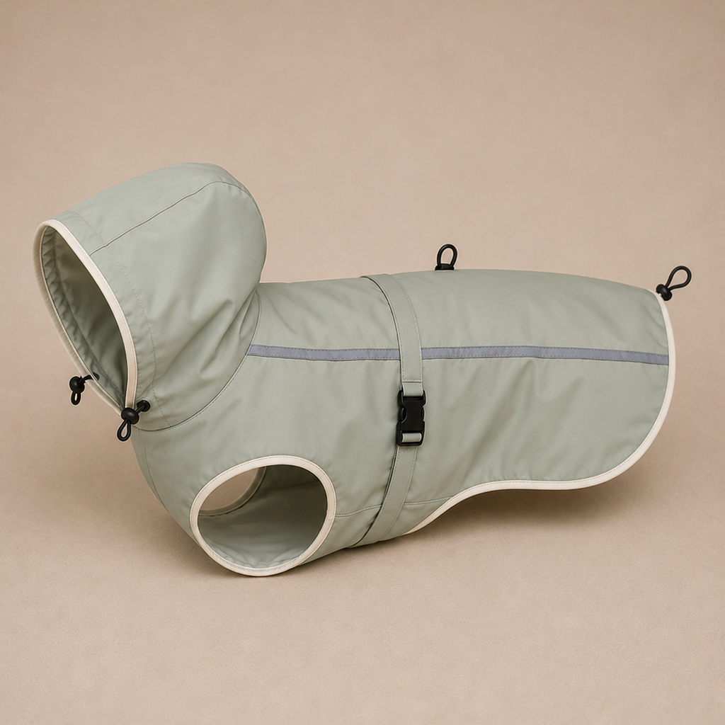 A light sage green dog raincoat with a hood and reflective stripe, displayed on a solid beige background.
