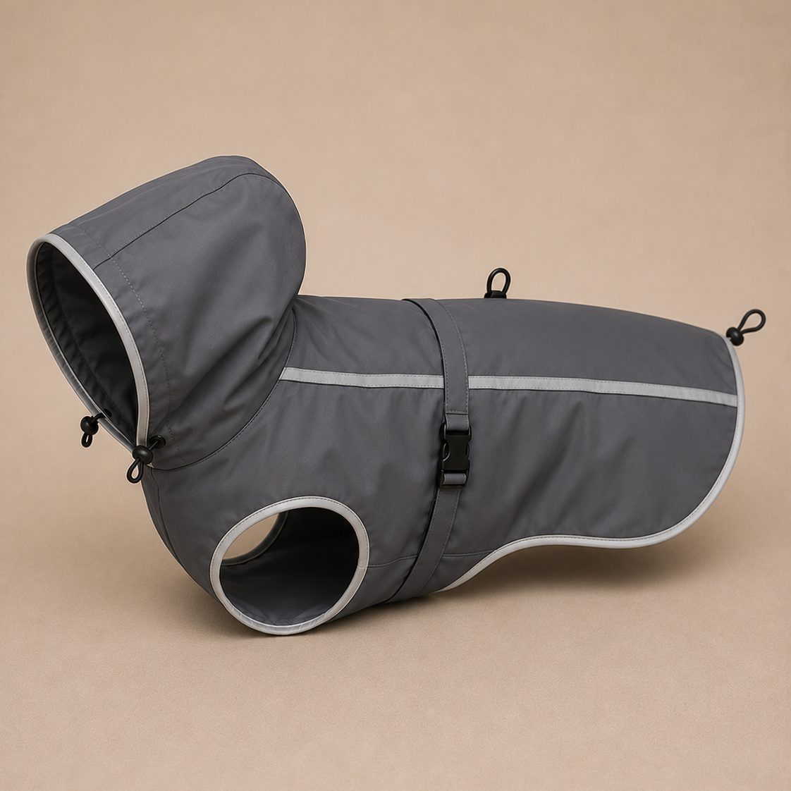 A gray dog raincoat with a hood and reflective stripe, displayed on a solid beige background.