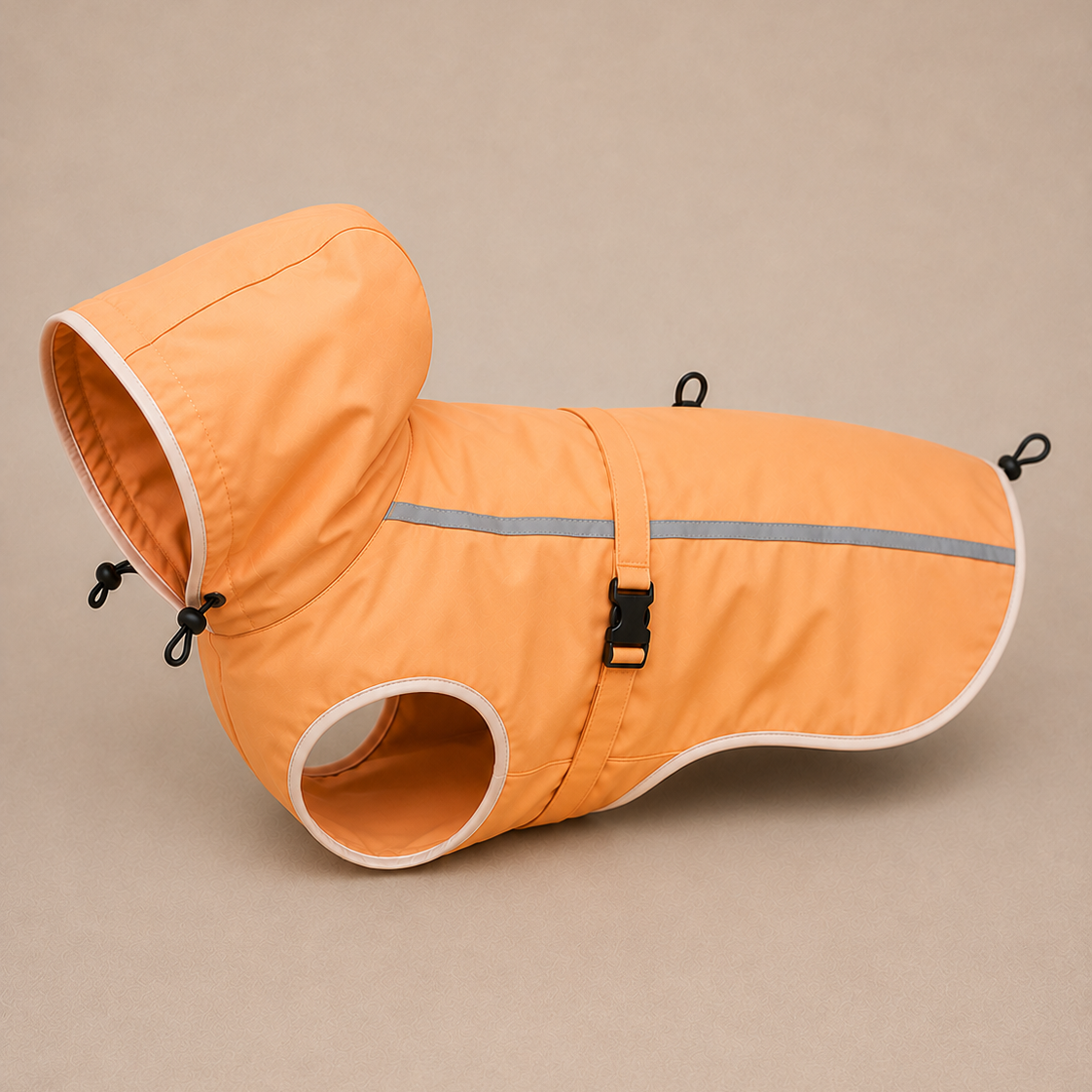 An orange dog raincoat with a hood, featuring a reflective silver stripe, black plastic buckle, and white trim, displayed on a neutral beige background.