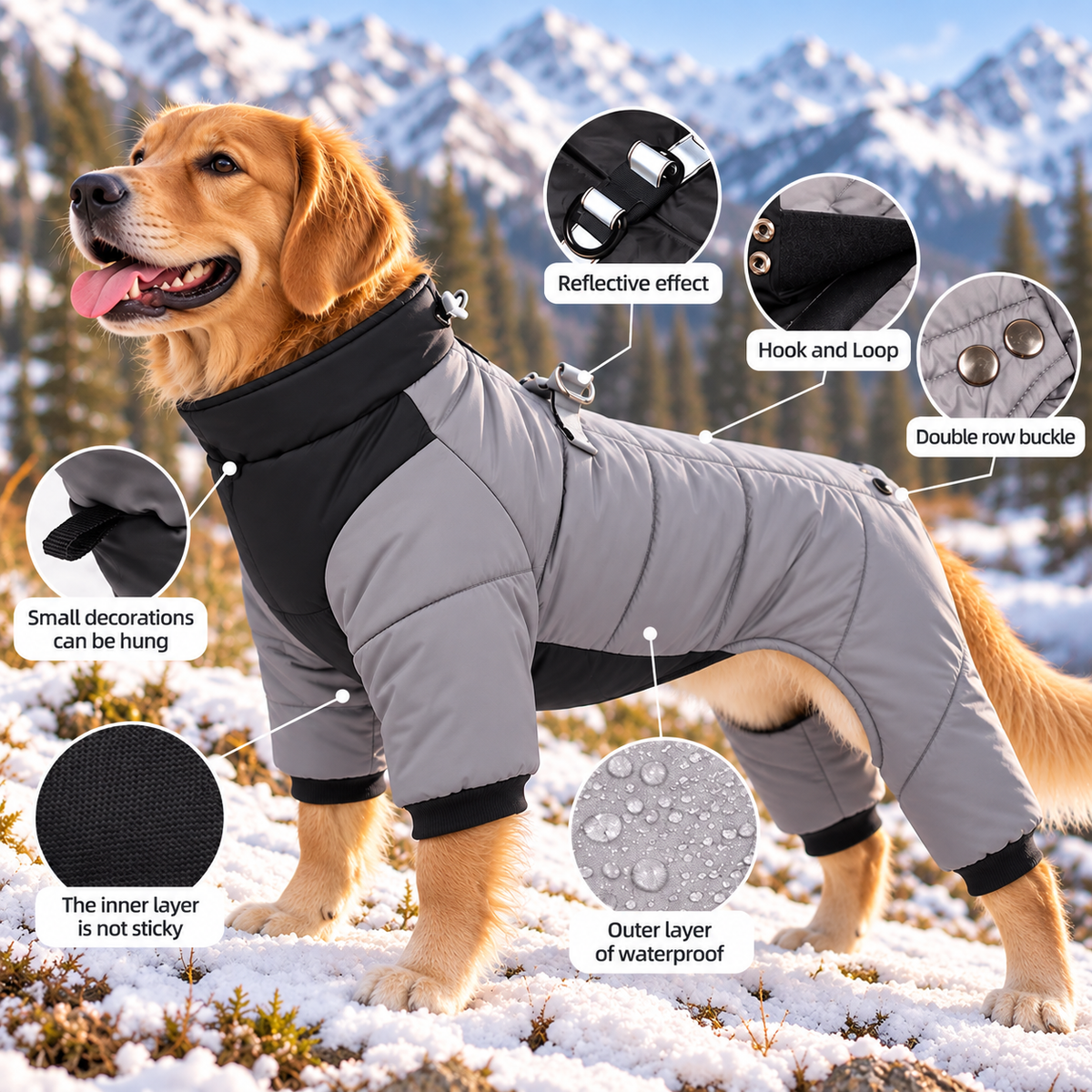 Waterproof Dog Winter Jumpsuit with Harness