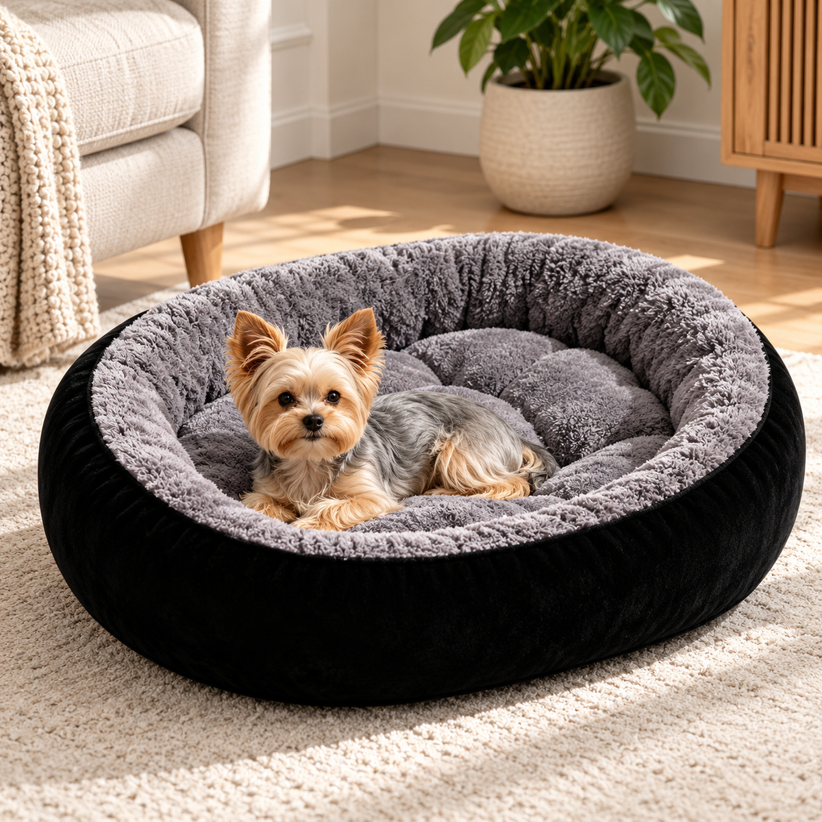 Plush Oval Dog Bed with Raised Sides